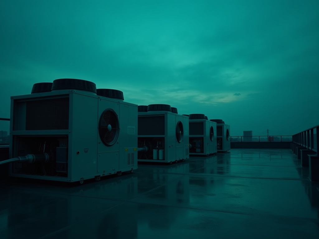 Rooftop VRF condenser units at dusk