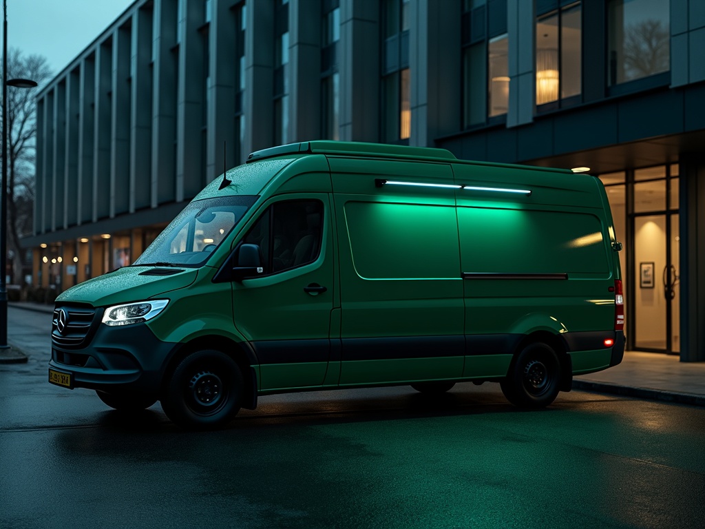 Liveried service van outside an office